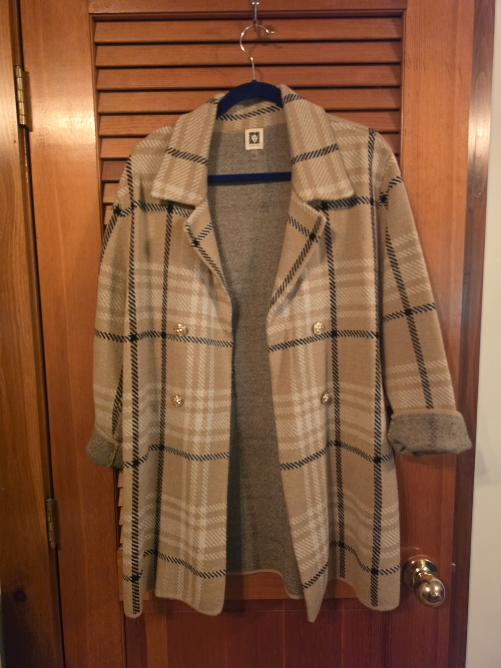 Anne Klein Tan & Black Plaid Double-Breasted Pea Coat